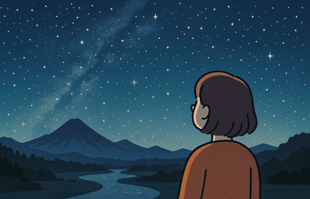 ひとりの人物が広がる空と山々を静かに見上げている様子。雄大な自然に包まれ、“畏敬”の感情を感じる瞬間を描いたデジタルイラスト。